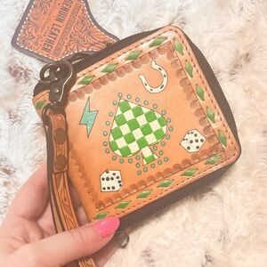 Hand-Painted Leather Zip Card & Key Holder - Tan with Green Accents